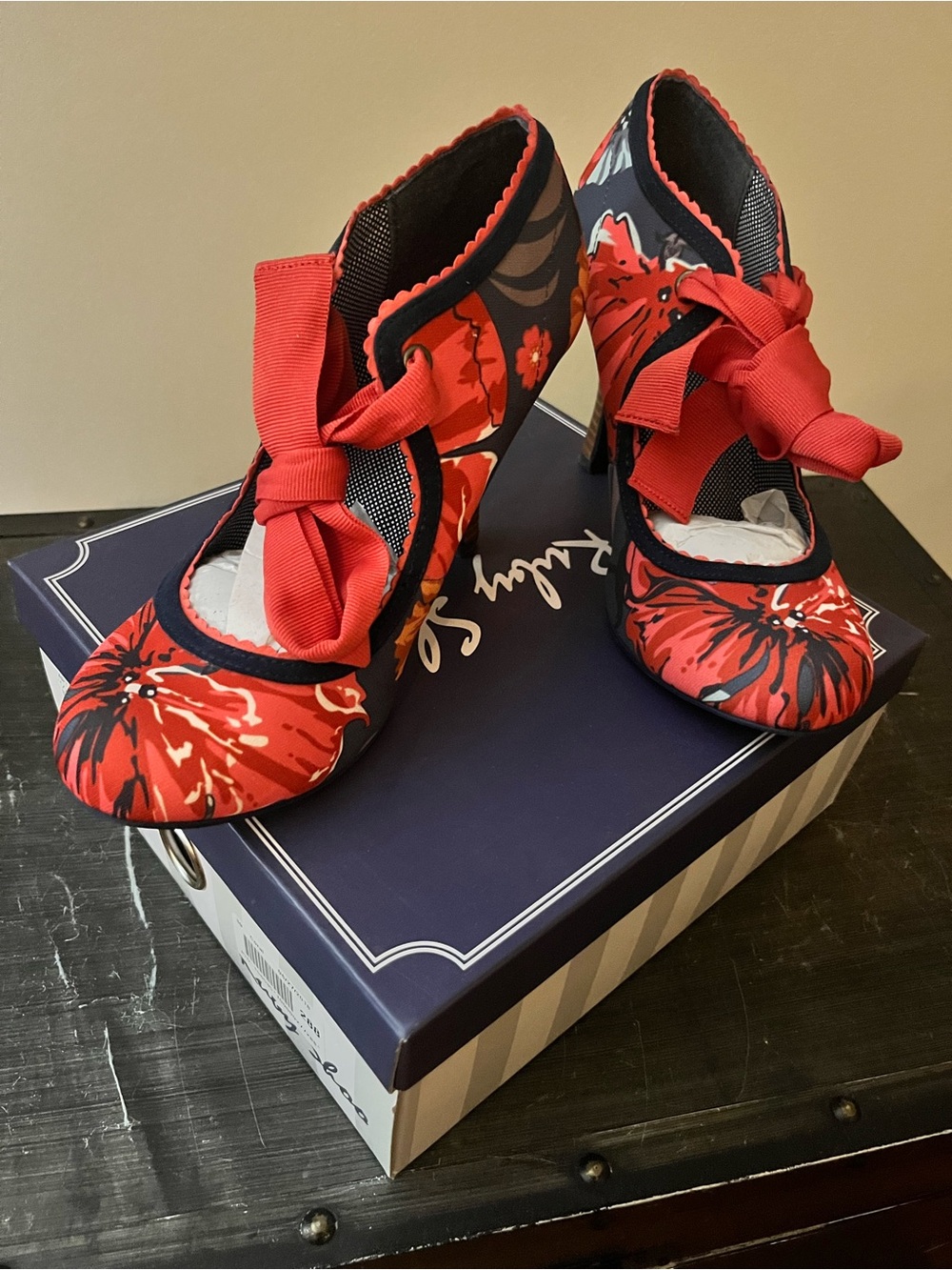 Ruby Shoo Coral Orange Floral Bow Heels